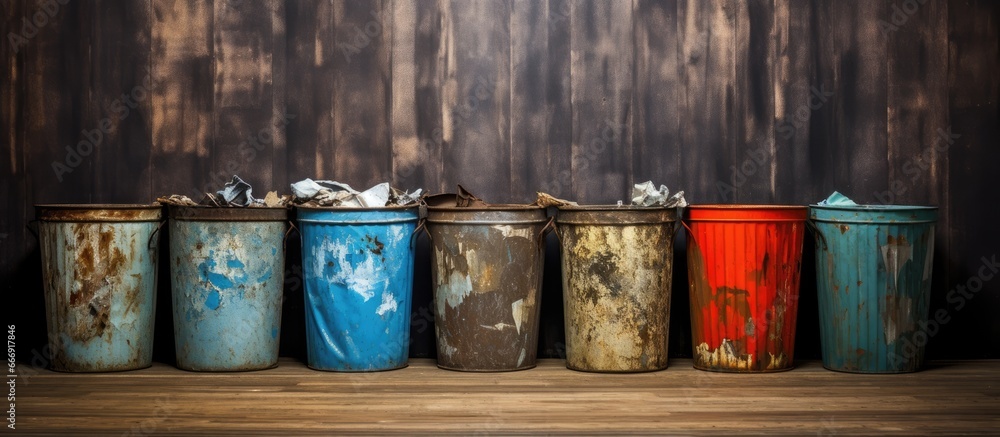 Image of worn metal trash bins with garbage - obrazy, fototapety, plakaty 