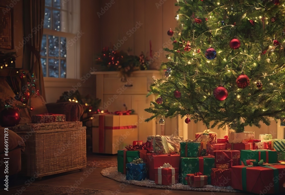 The background of the winter Christmas holiday with green fir branches and decorations, a Christmas tree and gifts in the interior. The background of the winter Christmas holiday with green fir branches and decorations, a Christmas tree and gifts in the interior.