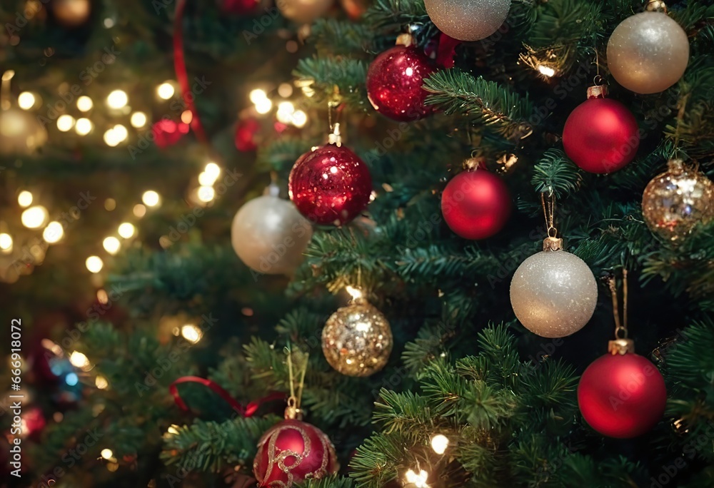 The background of the winter Christmas holiday with green fir branches and decorations, a Christmas tree and gifts in the interior.