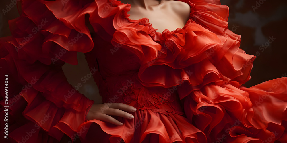 flamenco performance, Red frilly flamenco dress, flamenco dancer with red dress,  generative ai - obrazy, fototapety, plakaty 