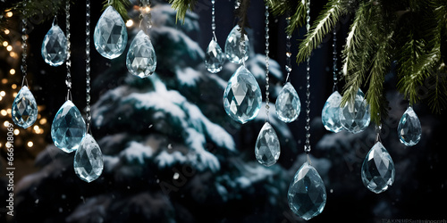 Decoration of crystals in the form of drops and hearts beads on the branches, Christmas tree with crystal decoration, generative Ai