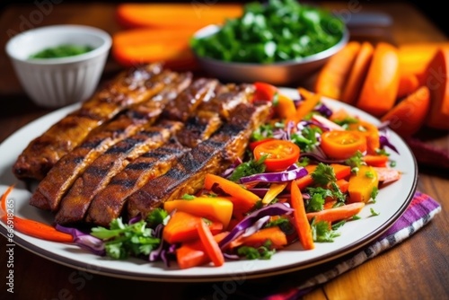 a colorful display of bbq tempeh ribs with bright vegetables