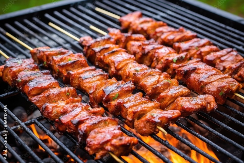 bbq tempeh ribs on skewers over grill grate