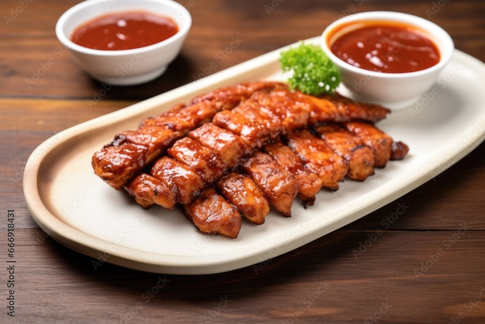 single bbq tempeh rib with corresponding sauce single bbq tempeh rib with corresponding sauce