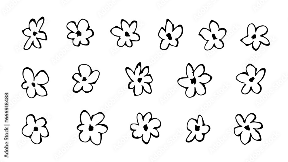 Flower doodle set. Hand drawn daisy scribble with pencil, pen or marker. Abstract retro, vintage, grunge tattoo sketch or clothes print (Full Vector)