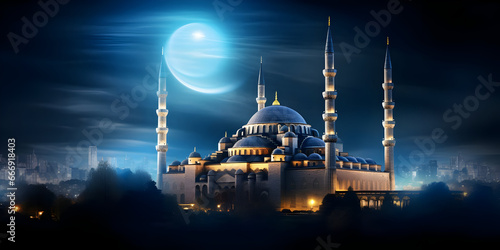 Beautiful blue mosque under a full moon, Ramadan Kareem night view background with historical mosque and moon architecture, a moon and a sky with a muslim mosque, generative ai