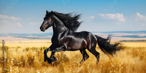 rearing black horse  Frisian Horse. Black gelding trotting on a pasture.  Black horse runs on a green field on clouds  generative ai