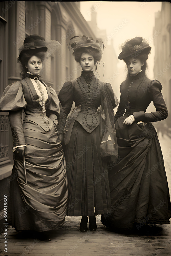 Naklejka premium portrait of three women - old black and white street photograph from the Victorian era