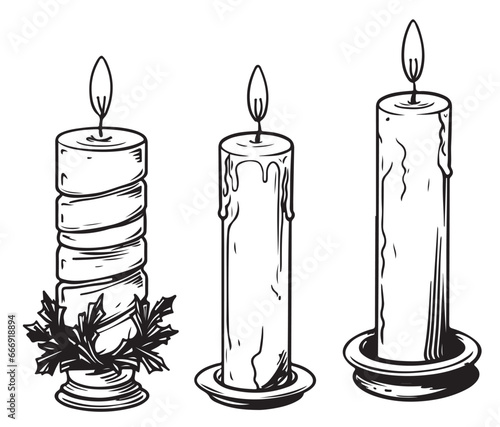 Christmas candles, hand drawn sketch. Symbol of Christmas and New Year.