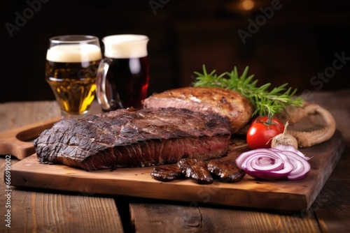 stout beer with bbq brisket on a wooden board