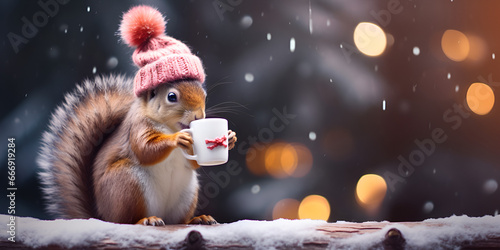 Sqaure Sitting in snow drinking tea ,squirrel, snow, tea, winter, woodland, wildlife, nature, animals, cute, cozy, seasonal,Squirrel with cup photo