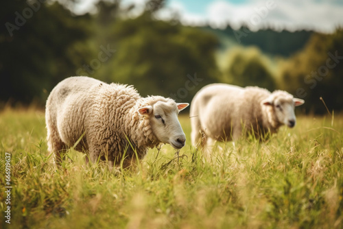 Horizontal shot of two white sheep walking and eating grass in a field during daylight  aesthetic look