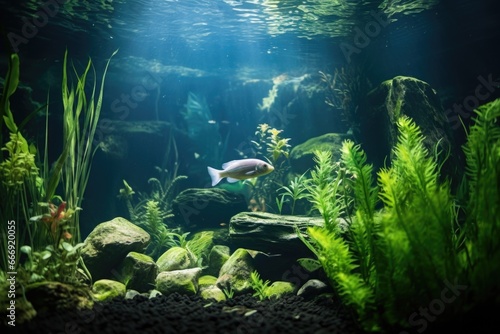 a fish in an aquarium with plants that don胢t belong to its natural habitat © altitudevisual