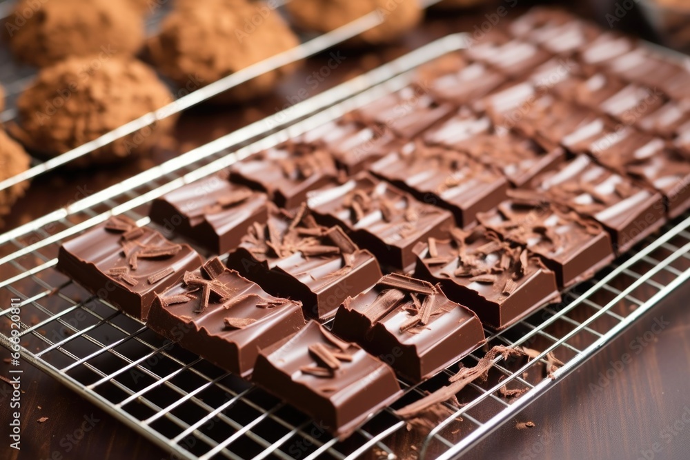 freshly made chocolate bars arranged on a cooling rack freshly made chocolate bars arranged on a cooling rack