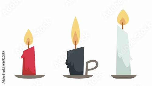 Different burning candles. Loopable animation video. 2D motion graphics with alpha channel.