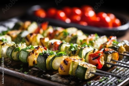 close-up of grilled halloumi cheese skewers