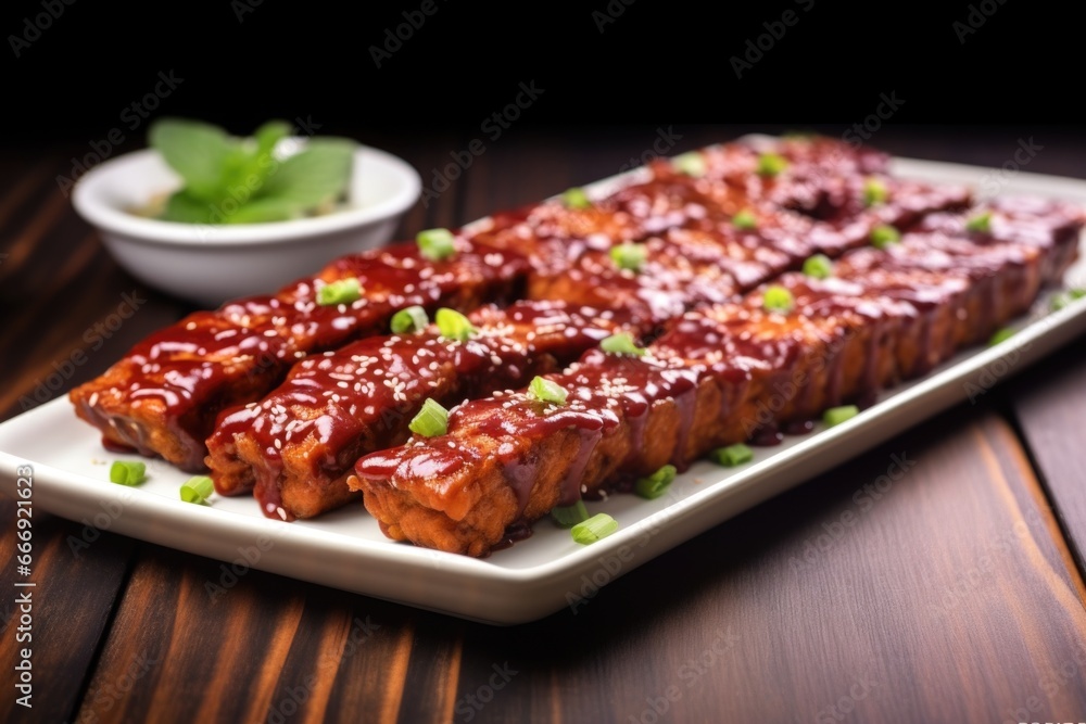 side view of tempeh ribs coated in bbq sauce on a rectangular plate side view of tempeh ribs coated in bbq sauce on a rectangular plate