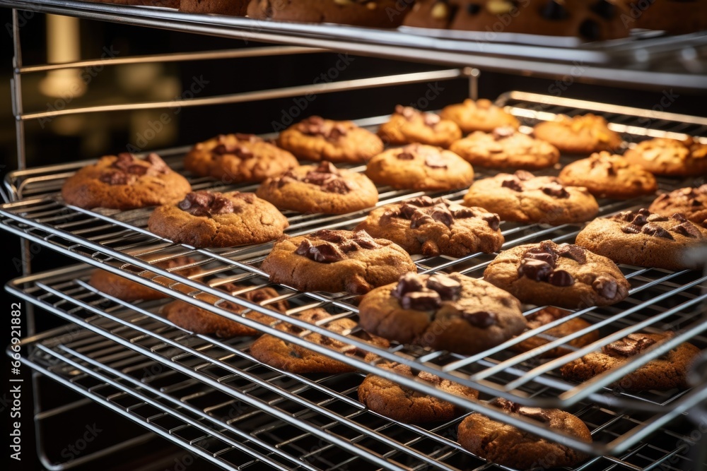 an oven filled with baked treats cooling on racks
