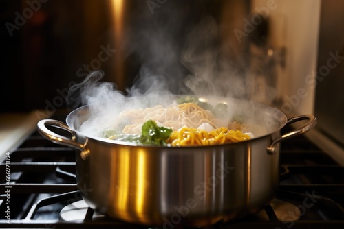 pasta boiling in a pot with steam rising