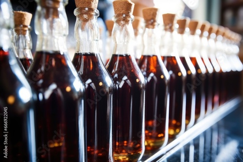 a row of dark glass bottles filled with brown liquid cough syrup