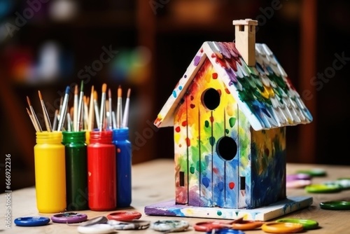 homemade birdhouse with paints and brushes on wooden table