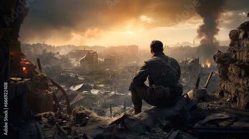 Epic back view of WW2 soldier on the battlefield in a destroyed European town. World War II. photo