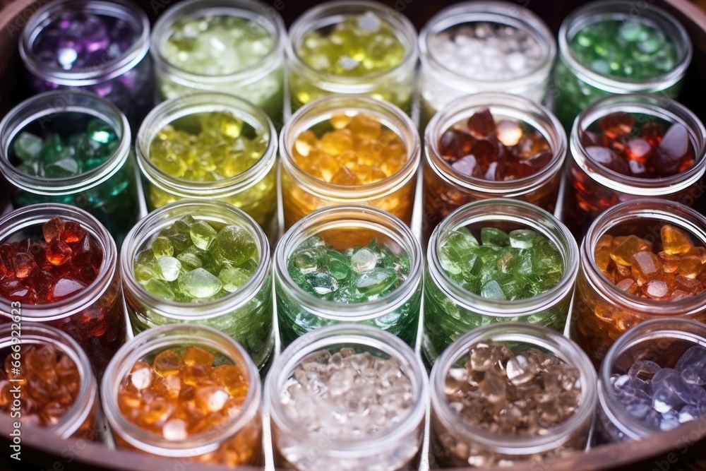 a glass container full of drilled gemstones ready to be turned into earrings a glass container full of drilled gemstones ready to be turned into earrings