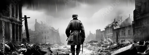 Epic back view of WW2 soldier on the battlefield in a destroyed European town. World War II. photo