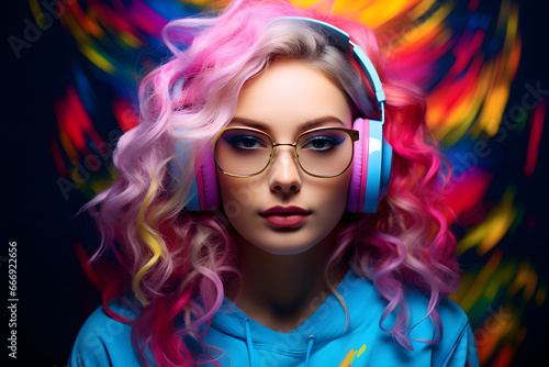 colourful portrait of A young woman wearing glasses and headphones on her head