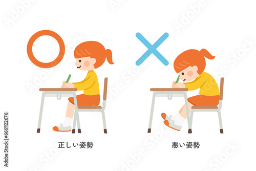 子供の良い姿勢と悪い姿勢のイラスト素材