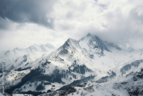 High angle shot of a beautiful mountain range covered with snow under the cloudy sky, aesthetic look © alisaaa