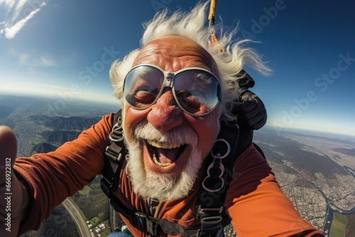 Seniors skydiving and enjoying extreme sports background with empty space for text 