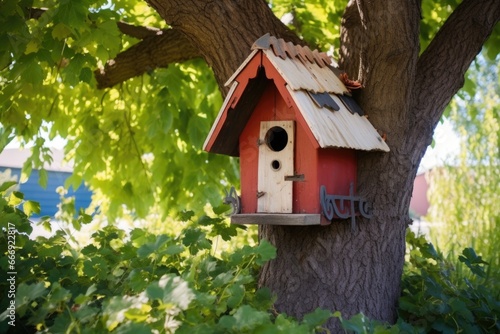 home-built birdhouse in a tree