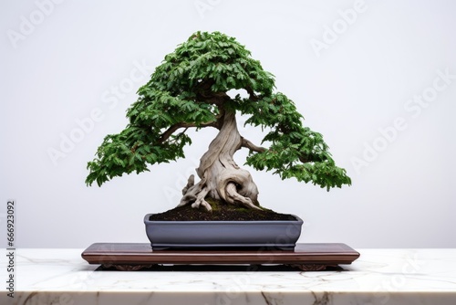 bonsai on a white marble slab