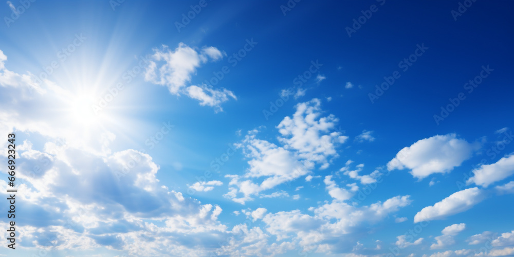 illustration of blue sky with clouds and sun background. Created with Generative AI illustration of blue sky with clouds and sun background. Created with Generative AI