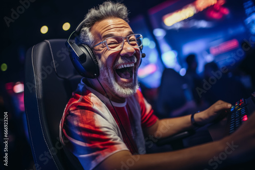 Mature gamers enthusiastically competing in a spirited e-sports tournament 