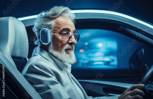 Senior man operating self-driving car isolated on a gradient background  © fotogurmespb