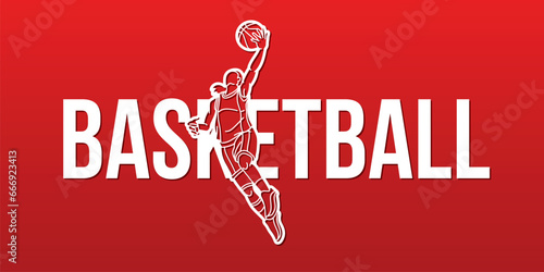 Basketball Female Player Action with Basketball Font Design Cartoon Sport Graphic Vector