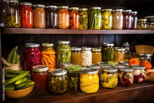 variation of homemade pickles and preserves in a pantry