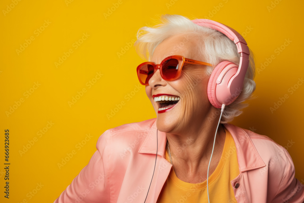 Elderly woman streaming online music isolated on a gradient background Elderly woman streaming online music isolated on a gradient background