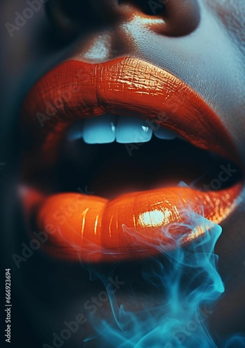 AI generated illustration of a female's lips with a cloud of smoke curling away from her mouth