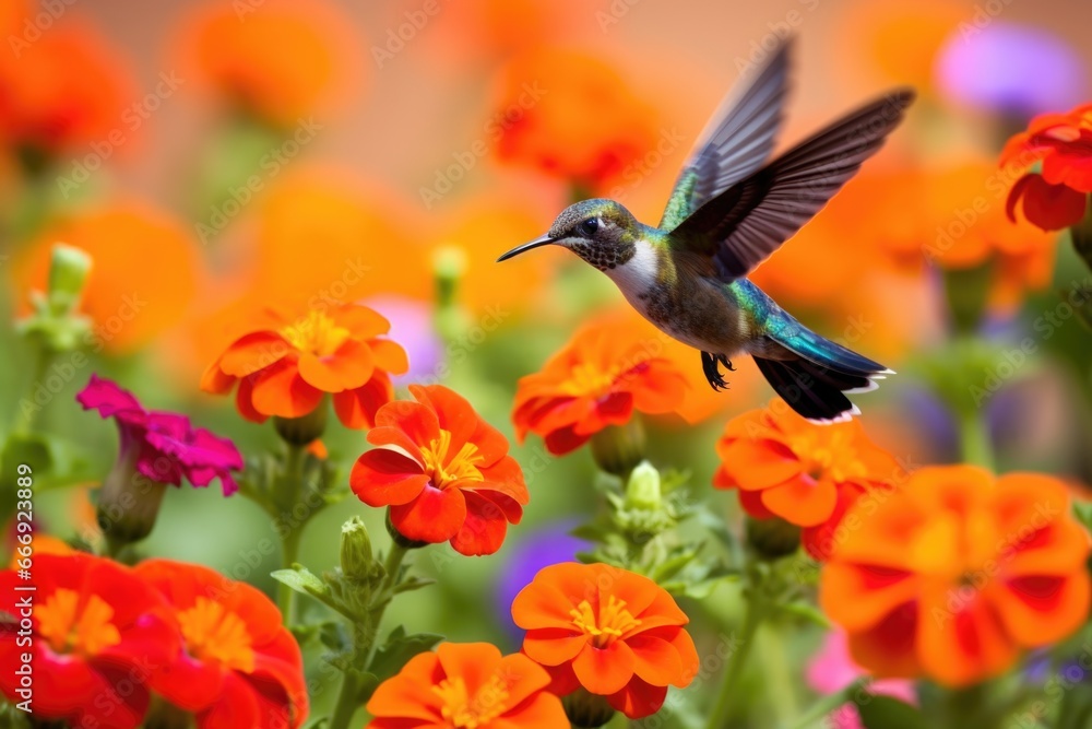 Fototapeta premium hummingbird hovering over brightly colored flowers