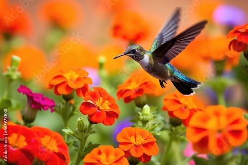 hummingbird hovering over brightly colored flowers