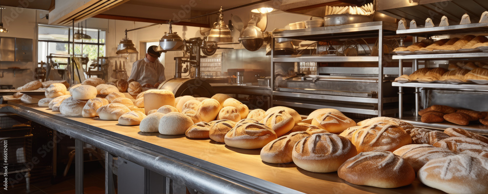 Fresh bread and pastries in bakery, Fresh bread and pastries in bakery,