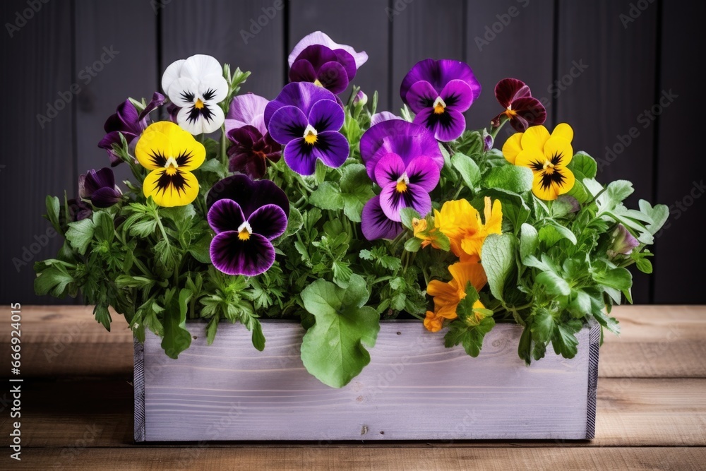 vibrant pansies arranged in a wooden box - obrazy, fototapety, plakaty 