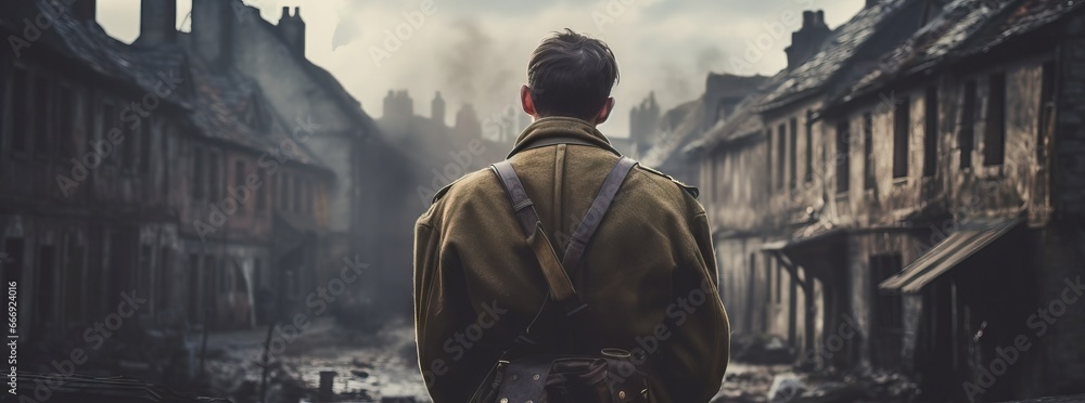 Epic back view of WW2 soldier on the battlefield in a destroyed European town. World War II. - obrazy, fototapety, plakaty 