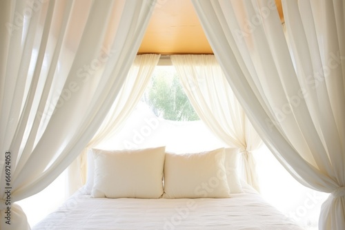 installed drapery on a canopy bed, focus on the drapery folds