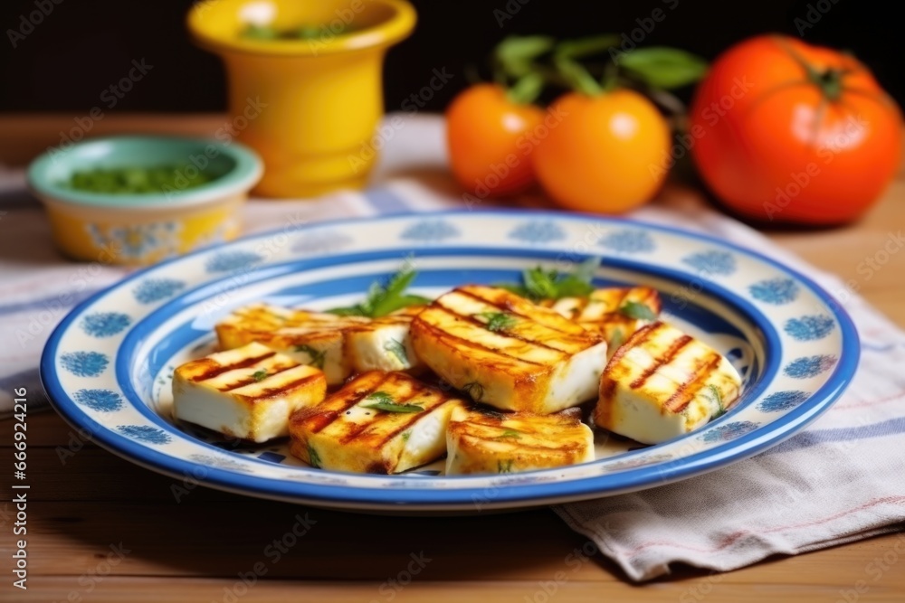 grilled halloumi cheese served on a ceramic plate grilled halloumi cheese served on a ceramic plate