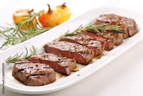 grilled beef steaks on a white platter