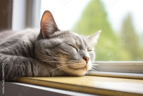 gray cat asleep on a window perch